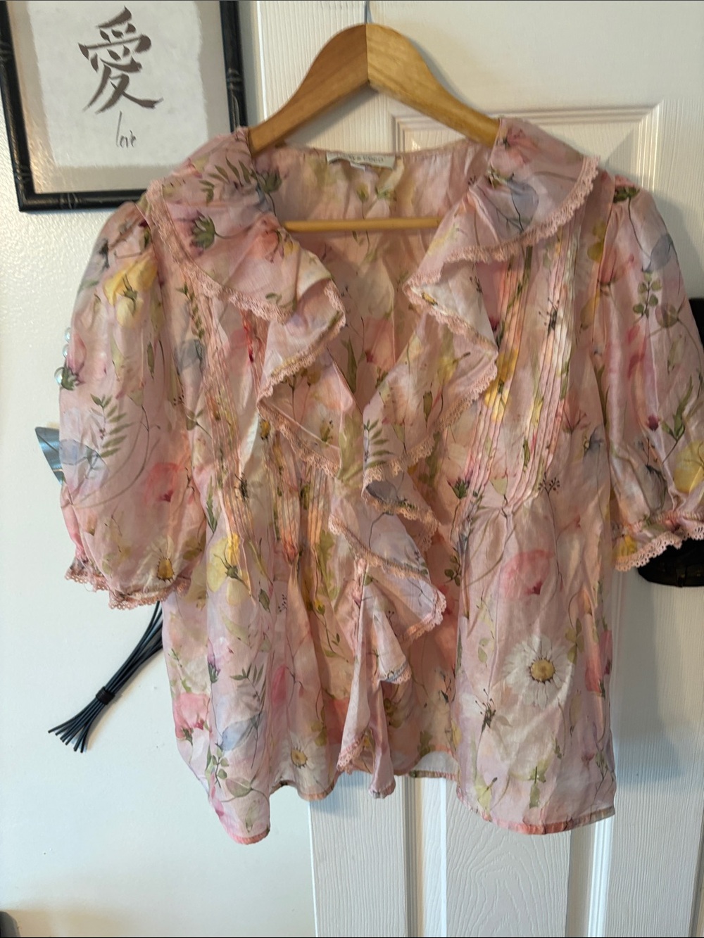 Sheer Floral Ruffle Blouse - Pink